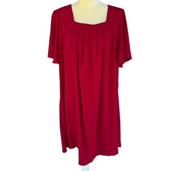 SHEIN CURVE VCAY Plus 1XL Square Neck Plicated Detail Dress Red Brand New - Picture 12 of 16